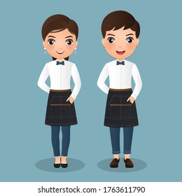 Cute cartoon barista women and man in apron smiling serving a client at the coffee shop.Vector Illustration