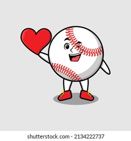 Cute cartoon baseball ball character holding big red heart in modern style design