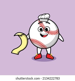 Cute cartoon baseball ball chef character with menu in hand
