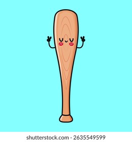 A cute cartoon Baseball Bat character is giving peace signs with a joyful expression on a blue backdrop.