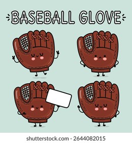 Cute cartoon baseball gloves in various poses on a light blue background, suitable for children s designs and sports themes.