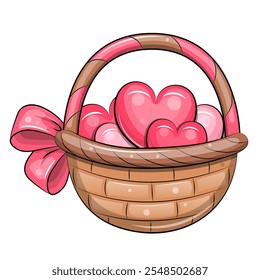 Linda cesta de dibujos animados con cinta rosa y corazones. Ilustración vectorial de San Valentín sobre un fondo blanco.