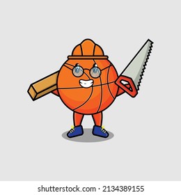 Cute cartoon basketball as carpenter character with saw and wood in 3d modern style design