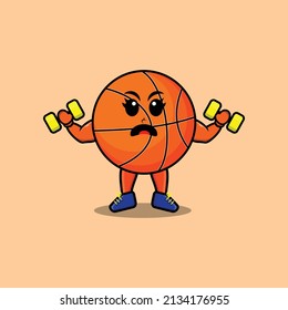 Cute cartoon basketball character is fitness with barbell in modern style design