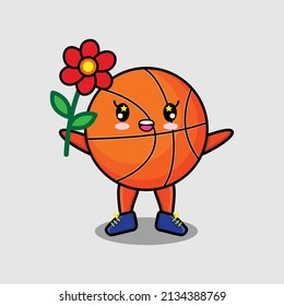 Cute cartoon basketball character holding red flower in concept 3d cartoon style