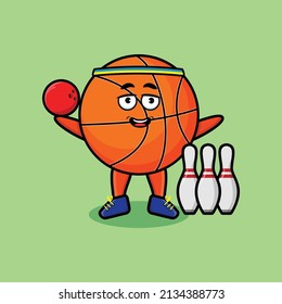 Cute cartoon basketball character playing bowling in 3d modern style design