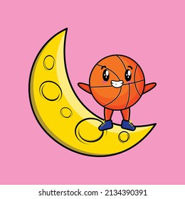 Cute cartoon Basketball character standing on the crescent moon in 3d modern design