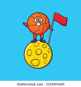 Cute cartoon Basketball character standing on the moon with flag in 3d modern design
