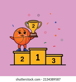 Cute cartoon basketball as the first winner with happy expression in 3d modern style design