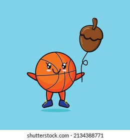 Cute cartoon basketball floating with acorn balloon cartoon vector illustration