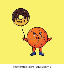 Cute cartoon basketball floating with donuts balloon cartoon vector illustration