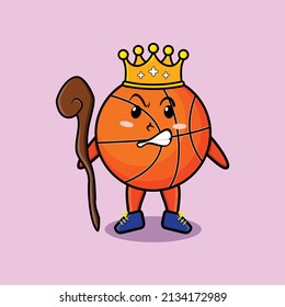 Cute cartoon basketball mascot as wise king with golden crown and wooden stick