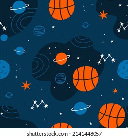 Cute cartoon Basketball vector print. Sky, space, planets, stars and a basketball - flat style seamless pattern