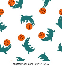 Cute cartoon Basketball vector print. Crocodile and Basket - seamless pattern