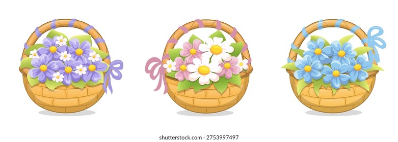 Cute cartoon Baskets with Flowers. Set of three baskets with blue, lilac, white and pinkflowers on white background.