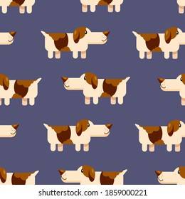 Cute cartoon basset hound dog pattern with dark blue background. Vector stock isolated symmetric print perfect for children polygraphy and textile.