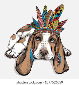 Cute cartoon basset hound in indian headdress. Bright illustration in ethnic style. Stylish image for printing on any surface