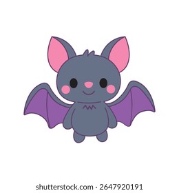 Cute cartoon bat with big pink ears, smiling face, and purple wings. Perfect for kids designs!