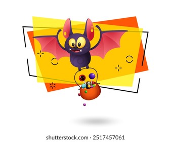 Cute cartoon bat carrying cauldron with sweets. Invitation or banner design. Halloween, party, celebration concept. Vector illustration can be used for leaflets or posters