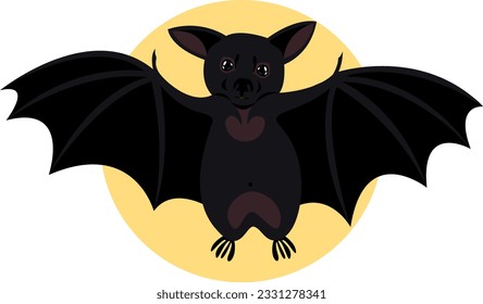 Personaje de murciélago de dibujos animados. Dibujo de dibujos animados de un pequeño animal, un zorro de fruta voladora. Muralla al fondo de la luna amarilla, Halloween