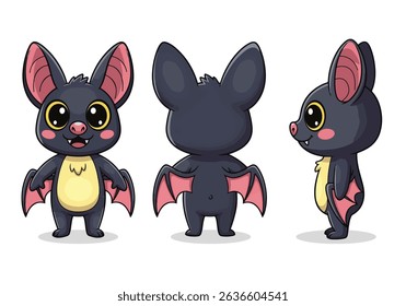 Cute Cartoon Bat Character Set - Front, Back, and Side View for Animation and Mascot. Vector illustraton