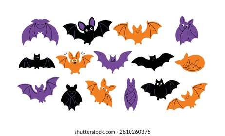 Cute Cartoon Bat Collection Vector Set | Halloween Bat Characters Clipart