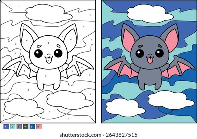 Cute cartoon bat color by number and completed illustration flying in the sky with clouds, fun activity for children.