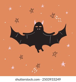 Lindo murciélago de dibujos animados con cuernos del diablo volando entre las estrellas sobre un fondo naranja. Perfecto para temas de Halloween, diseños espeluznantes o decoraciones para niños