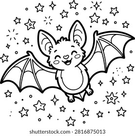 A cute cartoon bat flying among sparkling stars, designed as a fun Halloween coloer page for kids to color with crayons or markers on a white background.
