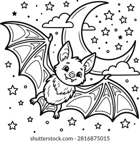 A cute cartoon bat flying in the night sky with a crescent moon and stars, designed as a fun Halloween coloer page for children to color and enjoy.