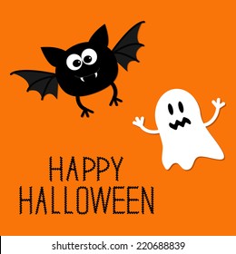 Cute cartoon bat and ghost. Happy Halloween card. Flat design. Vector illustration