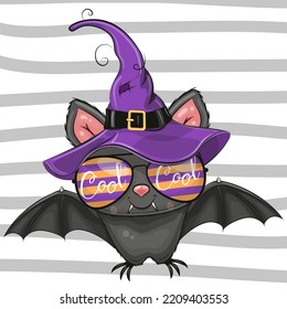 Cute Cartoon Bat in a halloween hat and glasses