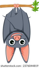 A cute cartoon bat hanging upside down from a tree branch