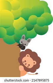 Cute cartoon bat and lion hiding behind the tree. Playing hide and seek. Cartoon animal character. Illustration, Vector, EPS10