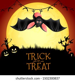 Cute cartoon bat in moon night background. Halloween concept design. Illustration for banner, poster, greeting card.