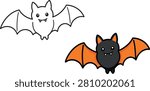 Cute cartoon bat with outstretched wings and tiny fangs, shown in outline and colored vector styles for Halloween and spooky themed designs.