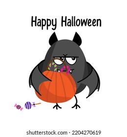 bate de dibujos animados lindo con calabaza y dulces