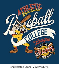 Cute cartoon bat rabbit college junior baseball league vintage vector print for children sport wear with applique embroidery patches 