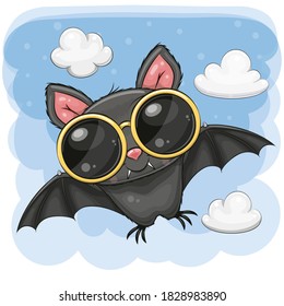 Cute Cartoon Bat with sun glasses on the clouds background