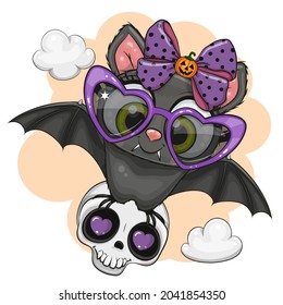 Cute Cartoon Bat with sun glasses holds the skull