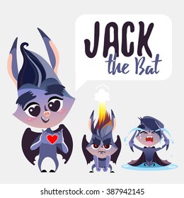 Cute cartoon bat with various poses and emotions:crying bat,bat falling in love and furious bat.Character design set.Vector illustration
