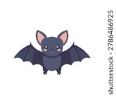 Cute cartoon bat vector illustration with spread wings, tiny fangs, and big ears in flat kawaii style. Isolated background with clean design