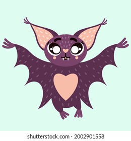 Cute Cartoon Fledermaus. Vektorgrafik einzeln auf weißem Hintergrund. Eine freundliche Fledermaus flattert ihre Flügel und lächelt. Ein fliegendes Tier. Violette Kinder, Halbblenddruck.