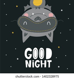 Cute cartoon Bat vector print for kids. Fun vector poster with fun bat and hand drawn lettering - Good night