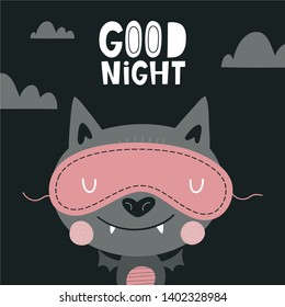 Cute cartoon Bat vector print for kids. Fun vector poster with fun bat and hand drawn lettering - Good night