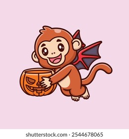 Linda caricatura Bat Wing Flying Monkey Holding Icono de Ilustración vectorial de calabaza de Halloween, Días festivos de animales Vector de Premium, Días festivos de estilo de dibujos animados.