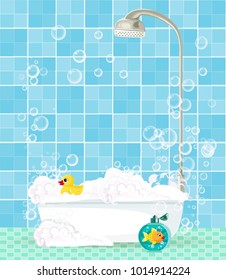 Cute cartoon bathroom interior with bathtub full of foam, soap bubbles,  bottle of shampoo, rubber duck on blue tiled background. Comfortable equipment for bathing and relaxing. Vector illustration.