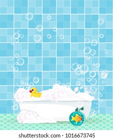 Cute cartoon bathroom interior with bathtub full of foam, soap bubbles,  bottle of shampoo, rubber duck on blue tiled background. Vector illustration, template with space for text. Bathtub with toys.