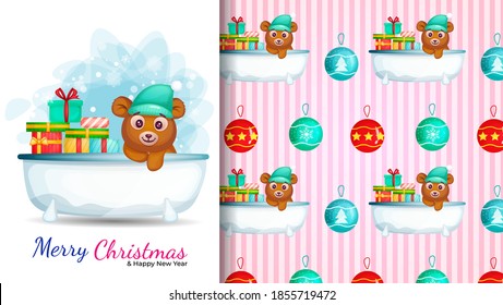 Cute cartoon in bathroom. poster and  seamless pattern for christmas day.  Premium Vector