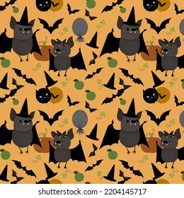 Cute cartoon bats with balloons. Invite to celebrate Halloween. Seamless pattern for halloween party.